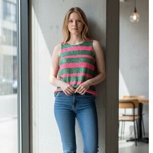 Lilly Pulitzer Regina Tank Top Size XS Tropical Pink Green Cucina Striped Sequin